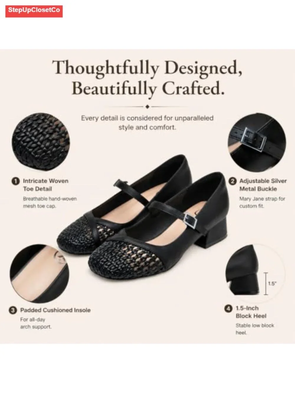 Women's Mary Jane Pumps Woven Toe Low Block Heel Dress Shoes